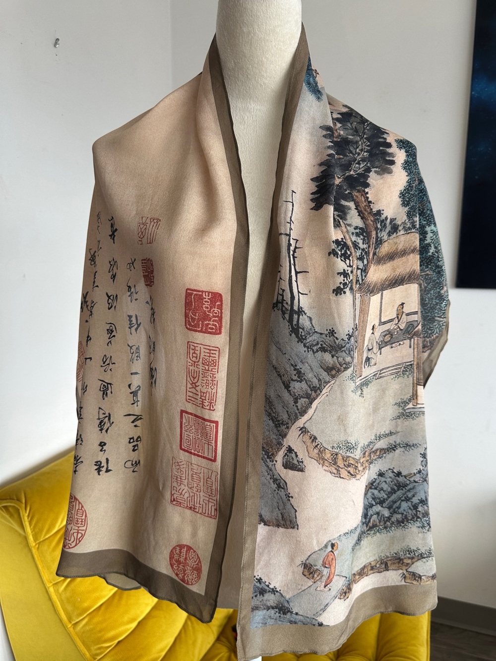 100% Silk Chinese Ink Art Scarf NWOT